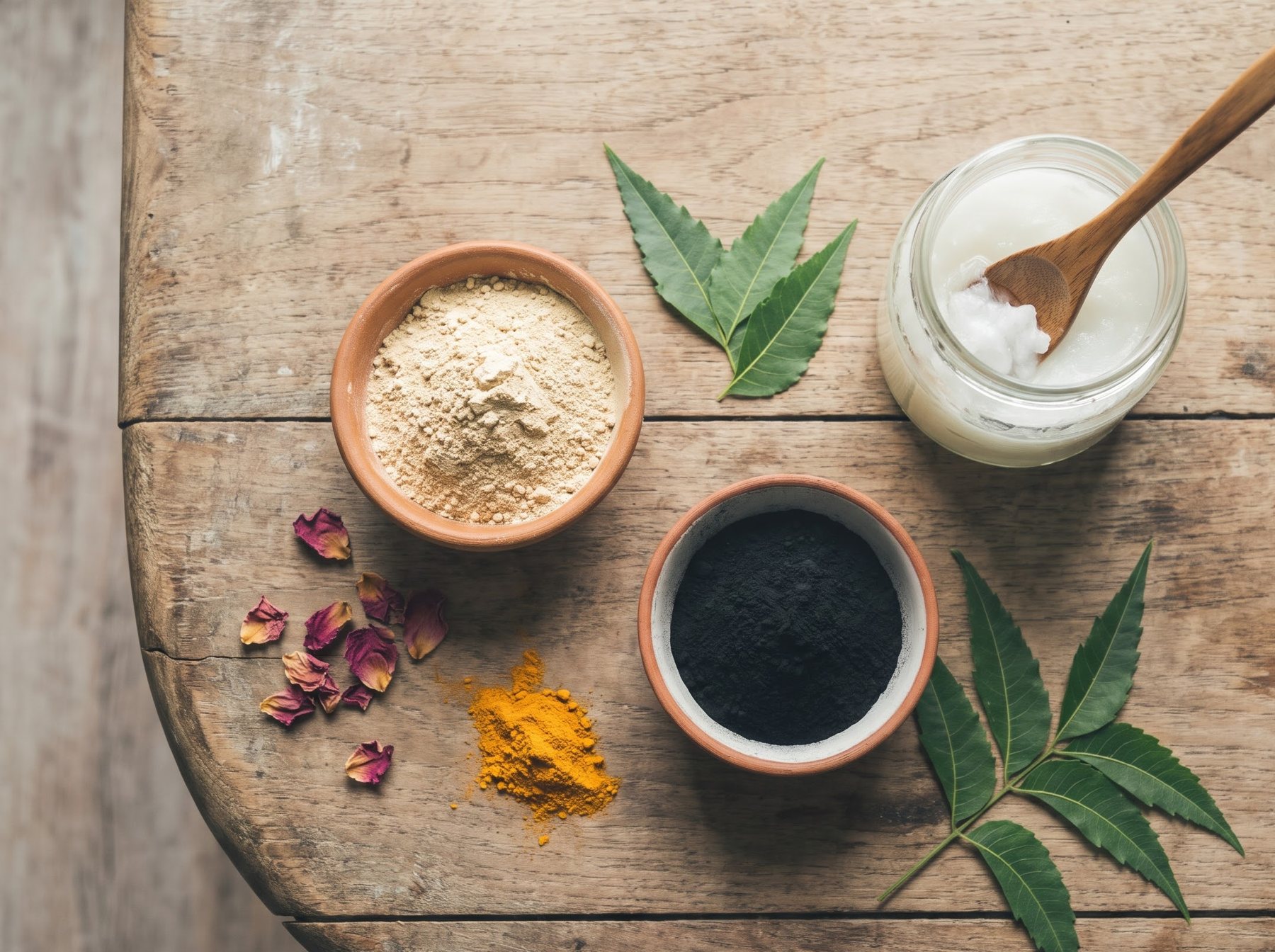 Table pe rakhi multani mitti, charcoal, haldi, neem patti aur nariyal tel